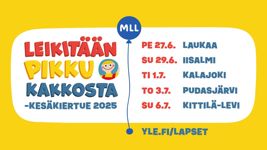 Kuvassa tekstinä kiertuepaikkakunnat: pe 27.6. Laukaa, su 29.6. Iisalmi, ti 1.7. Kalajoki, to 3.7. Pudasjärvi, su 6.7. Kittilä-Levi